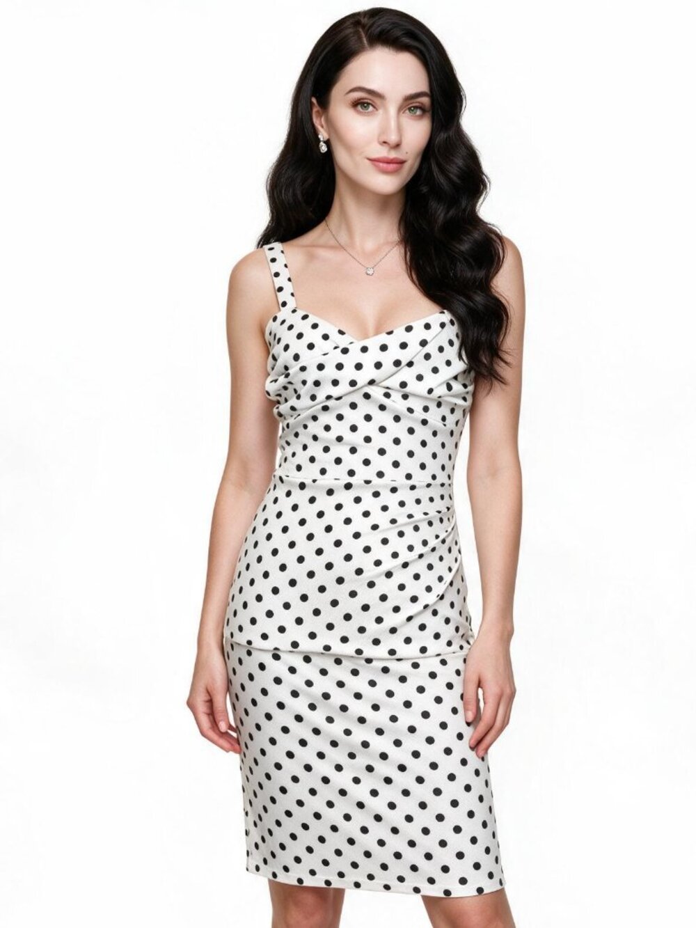 Tatyana Retro Pinup Wiggle Dress, Stretchy Figure Flattering Bodycon Polkadot XS